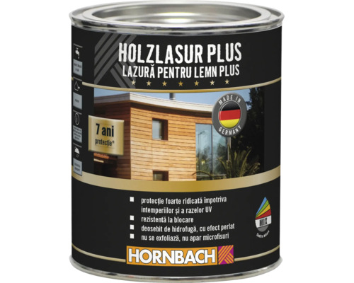 Recipient Hornbach Holzlasur Plus pentru exterior cu protecție ridicată la intemperii și durată de viață de șapte ani.