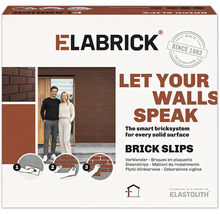 Ambalaj pentru cărămizi aparente Elabrick cu ilustrații ale aplicării pe fațada casei și instrucțiuni de montaj pentru placajele ceramice.