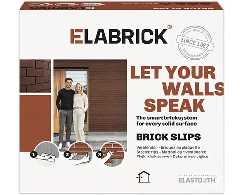 Ambalaj pentru cărămizi aparente Elabrick cu ilustrații ale aplicării pe fațada casei și instrucțiuni de montaj pentru placajele ceramice.