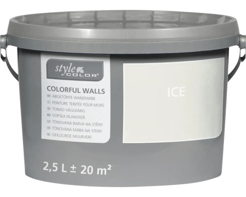 Găleată vopsea lavabilă StyleColor Colorful Walls nuanța Ice cu conținut de 2,5 litri pentru aproximativ 20 metri pătrați de suprafață.