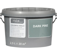 O găleată de vopsea lavabilă StyleColor nuanța Dark Pine cu un volum de 2,5 litri pentru o suprafață de aproximativ 20 metri pătrați.