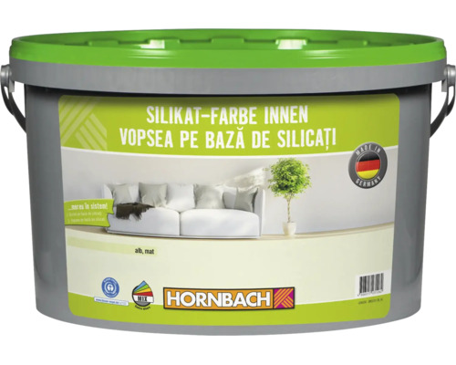 Găleată cu vopsea pe bază de silicați pentru interior de la Hornbach, alb mat, cu sigiliul Blauer Engel și marcajul Made in Germany