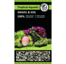 Ambalaj substrat Kronstil Tropical Aquatic, pietriș natural și pământ pentru acvarii, cu imaginea unui acvariu și prim-plan cu pietrișul.