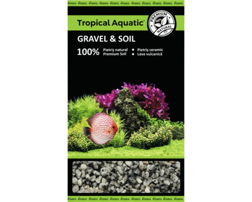 Ambalaj substrat Kronstil Tropical Aquatic, pietriș natural și pământ pentru acvarii, cu imaginea unui acvariu și prim-plan cu pietrișul.