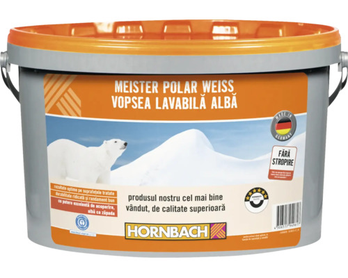 Găleată vopsea lavabilă pentru interior Meister Polar Weiss, vopsea albă de perete, fabricat în Germania, calitate Hornbach.