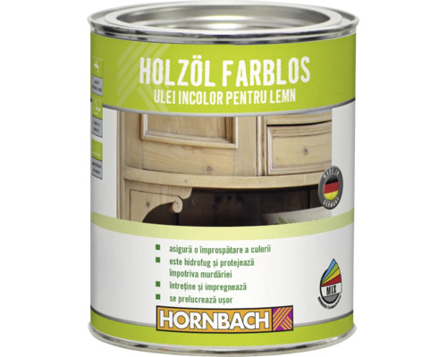 Recipient cu ulei incolor pentru lemn pentru intretinerea si protectia suprafetelor din lemn cu sigla Hornbach