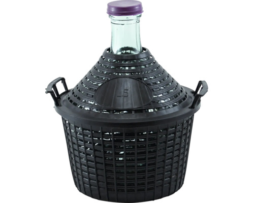 Damigeană din sticlă cu o capacitate de cincisprezece litri în coș de protecție din plastic cu mânere