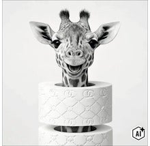Capul unei girafe iese dintr-o rolă de hârtie igienică imprimată. (Image AI modified or generated)