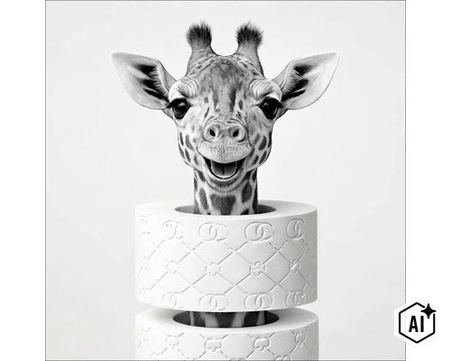 Capul unei girafe iese dintr-o rolă de hârtie igienică imprimată. (Image AI modified or generated)