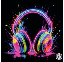 Reprezentare grafică a căștilor audio cu decor artistic de stropi (Image AI modified or generated)