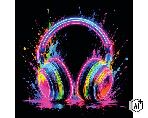 Reprezentare grafică a căștilor audio cu decor artistic de stropi (Image AI modified or generated)