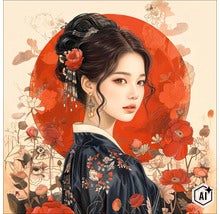 Decoratiune de perete cu o tanara femeie in stil asiatic cu motive florale pe un fundal circular (Image AI modified or generated)