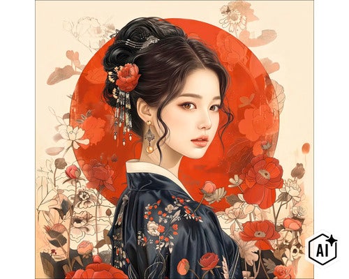 Decoratiune de perete cu o tanara femeie in stil asiatic cu motive florale pe un fundal circular (Image AI modified or generated)