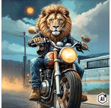 Leu ca motociclist pe o motocicletă pe un drum în aer liber. (Image AI modified or generated)