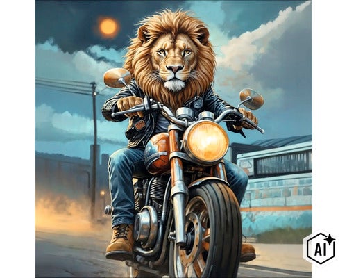 Leu ca motociclist pe o motocicletă pe un drum în aer liber. (Image AI modified or generated)