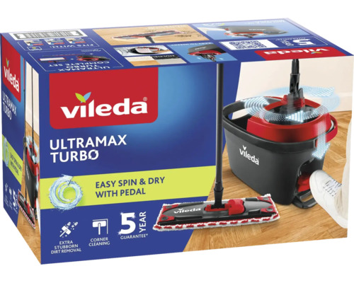 Sistem de curățare a podelei Vileda Ultramax Turbo cu găleată și pedală în ambalajul produsului