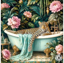 Cadă de sine stătătoare cu picioare într-o baie cu tapet cu model floral și un leopard. (Image AI modified or generated)