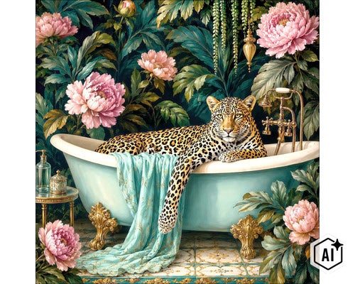 Cadă de sine stătătoare cu picioare într-o baie cu tapet cu model floral și un leopard. (Image AI modified or generated)