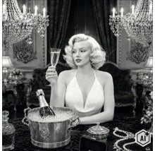 Decorațiune de perete alb-negru reprezentând o femeie în stilul Marilyn Monroe cu un pahar de șampanie într-o cameră luxoasă cu candelabre. (Image AI modified or generated)