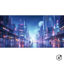 Decoratiune de perete cu un peisaj urban cyberpunk futurist noaptea, incluzand zgarie-nori si strazi stralucitoare. (Image AI modified or generated)