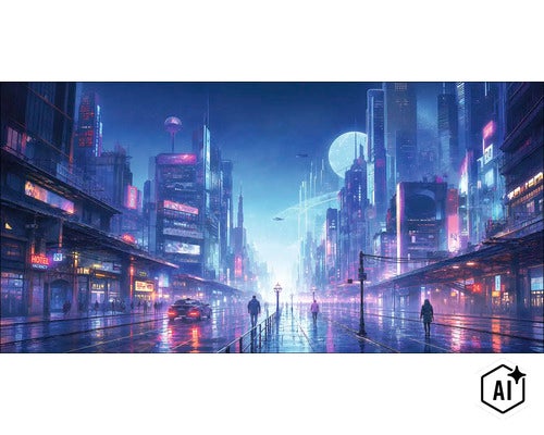 Decoratiune de perete cu un peisaj urban cyberpunk futurist noaptea, incluzand zgarie-nori si strazi stralucitoare. (Image AI modified or generated)