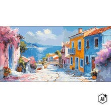 Tablou pictură pe numere cu oraș de coastă mediteranean și pod în stil pictură în ulei pentru decorarea pereților (Image AI modified or generated)