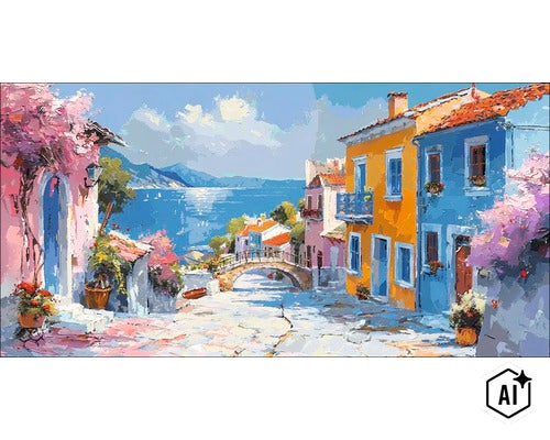 Tablou pictură pe numere cu oraș de coastă mediteranean și pod în stil pictură în ulei pentru decorarea pereților (Image AI modified or generated)