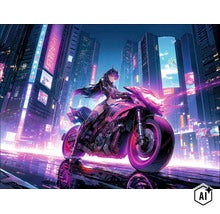 Personaj anime pe o motocicletă futuristă într-un peisaj urban cyberpunk nocturn cu reclame luminoase. (Image AI modified or generated)
