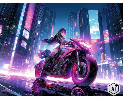 Personaj anime pe o motocicletă futuristă într-un peisaj urban cyberpunk nocturn cu reclame luminoase. (Image AI modified or generated)