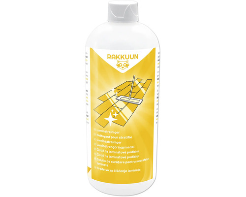 Soluție de curățare pentru suprafețe laminate Rakkuun în flacon de plastic pentru întreținerea podelelor laminate.