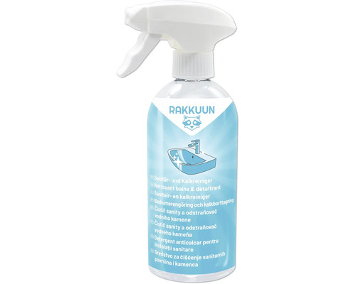 Detergent anticalcar Rakkuun pentru instalații sanitare în flacon cu pulverizator pentru curățarea obiectelor sanitare.