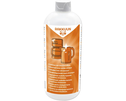 Soluție anticalcar RAKKUUN cu acid citric într-un flacon de plastic pentru decalcifierea cafetierelor și fierbătoarelor.