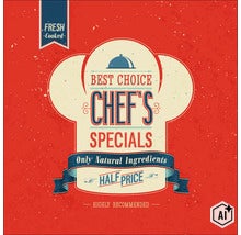 Afiș publicitar vintage pentru Chef Specials cu textul Best Choice și mențiunea ingredientelor naturale și preț la jumătate. (Image AI modified or generated)