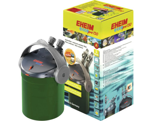Filtru extern pentru acvarii Eheim Ecco Pro 130 inclusiv ambalaj cu informații despre produs și detalii tehnice.