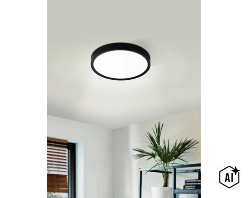 Plafonieră LED rotundă modernă cu design plat și suprafață mată montată într-o cameră de zi. (Image AI modified or generated)