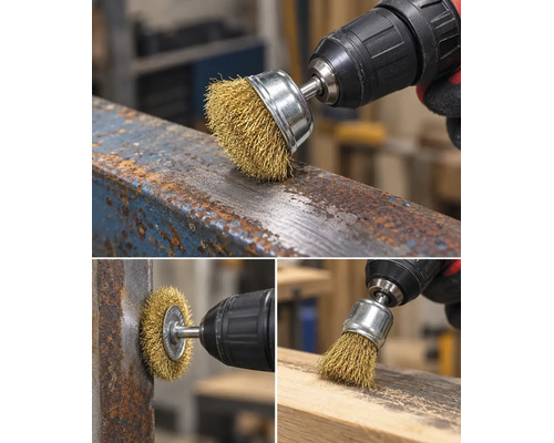 Perie de sârmă pentru bormașină destinată îndepărtării ruginii și vopselei de pe suprafețe metalice sau din lemn într-un atelier.