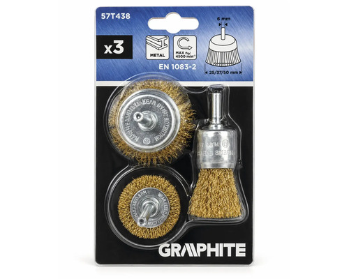 Set de perii de sârmă cu trei accesorii pentru mașini de găurit pentru prelucrarea metalelor incluzând logo-ul Graphite