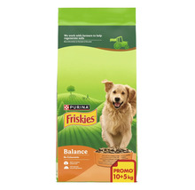 Hrană uscată pentru câini Purina Friskies Balance cu pui, vită și legume, sac de 15 kilograme.