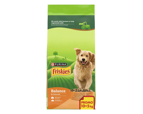 Hrană uscată pentru câini Purina Friskies Balance cu pui, vită și legume, sac de 15 kilograme.