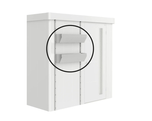 Două rafturi de depozitare ca accesoriu pentru o căsuță de grădină din metal