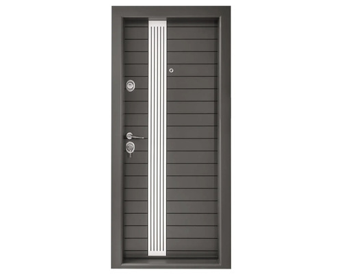 Ușă de intrare modernă din metal cu aspect de caneluri orizontale și element vertical din sticlă, inclusiv mâner și încuietoare de siguranță