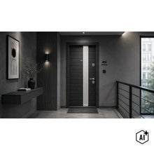 Ușă modernă de intrare în apartament cu element de design vertical într-un hol decorat elegant, cu lampă de perete și decorațiuni. (Image AI modified or generated)