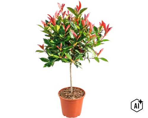 Photinia sub formă de copac în ghiveci de plastic (Image AI modified or generated)