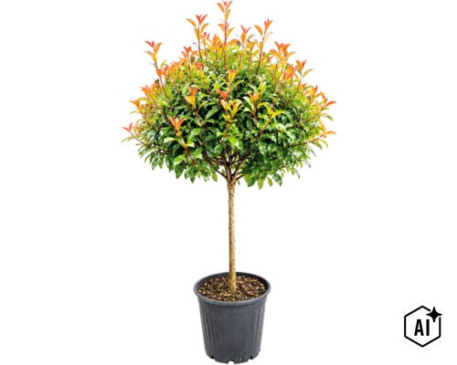 Photinia sub formă de pomișor într-un ghiveci din plastic (Image AI modified or generated)