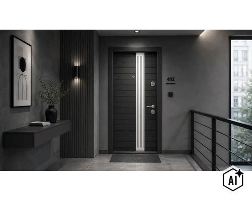 Ușă modernă de intrare în apartament cu element de design vertical într-un hol decorat elegant, cu lampă de perete și decorațiuni. (Image AI modified or generated)