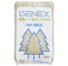 Peleti din lemn premium Genex din lemn de conifere, sac de 15 kilograme, certificați conform standardului ENplus A1 pentru ardere eficientă.