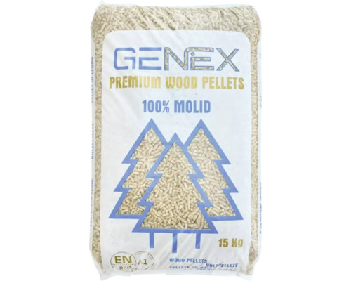 Peleti din lemn premium Genex din lemn de conifere, sac de 15 kilograme, certificați conform standardului ENplus A1 pentru ardere eficientă.