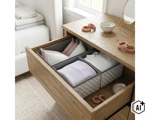Sertar deschis al unei comode din lemn cu organizatoare textile pentru depozitarea structurată a lenjeriei și a hainelor. (Image AI modified or generated)