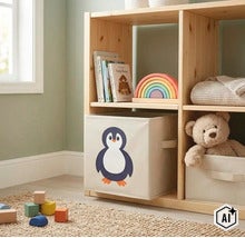 Un raft pentru copii din lemn cu cutii de depozitare cu motiv de pinguin, umplut cu jucării și cărți într-o cameră organizată. (Image AI modified or generated)