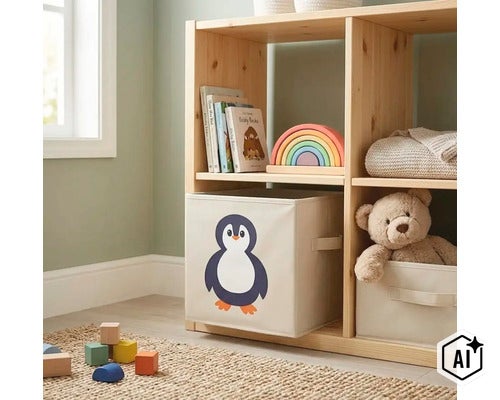 Un raft pentru copii din lemn cu cutii de depozitare cu motiv de pinguin, umplut cu jucării și cărți într-o cameră organizată. (Image AI modified or generated)